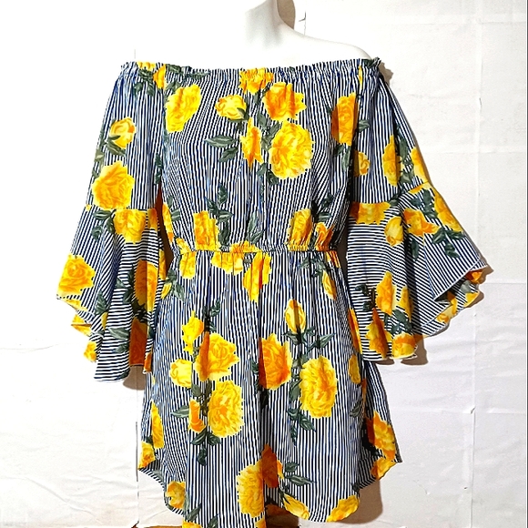 BELL FLUTTER Sleeve Off-Shoulder Floral Print Pin-Stripe Mini Dress NWOT - Picture 1 of 11